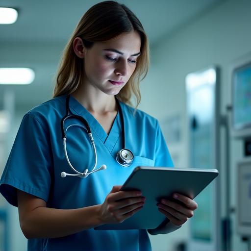 An image of a doctor reviewing data on a secure tablet.